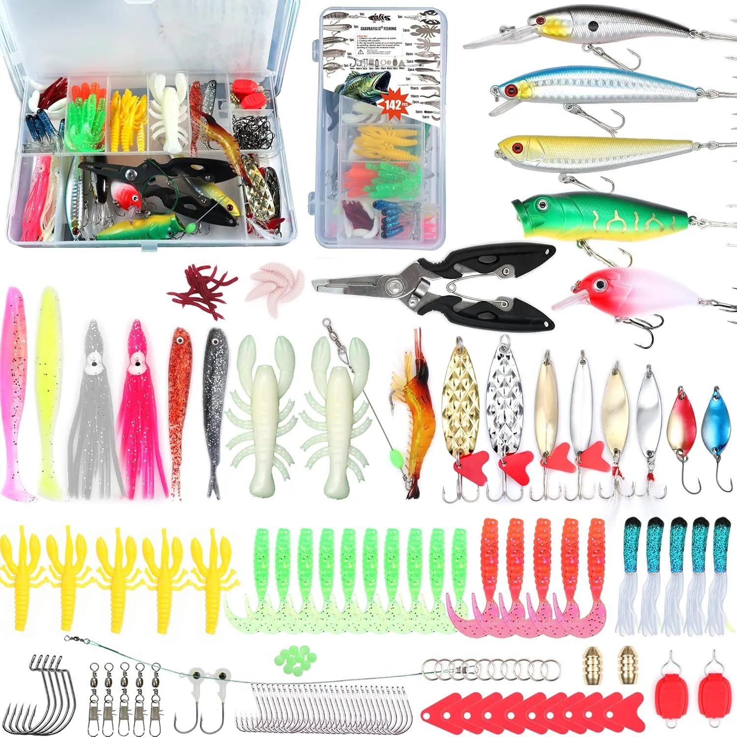 𝗘𝗫𝗔𝗨𝗥𝗔𝗙𝗘𝗟𝗜𝗦 Fishing Gear Fishing Lures Kit 142pcsTackle Box Included Crankbaits, Spoon Pliers Hooks Jigs Weights and Other Accessories Swimbait Lure Gear Kit Gifts Bass Lure Freshwater