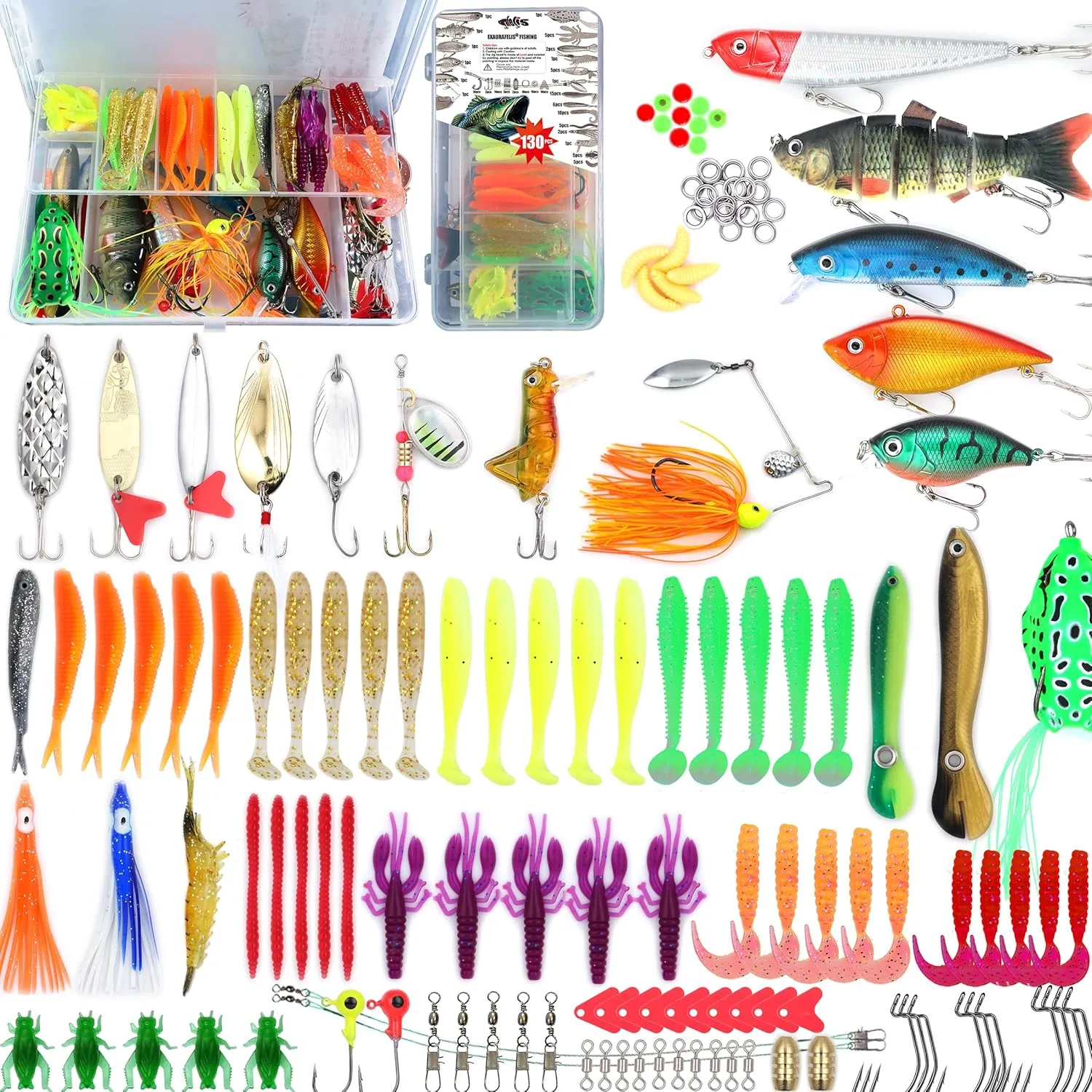 𝗘𝗫𝗔𝗨𝗥𝗔𝗙𝗘𝗟𝗜𝗦 Fishing Gear FishingLures Tackle Box Bass Kit Animated Lure,Crankbaits Spinnerbaits,Soft Plastic Worms Topwater Lures Hooks Saltwater Freshwater Bass Trout Salmon
