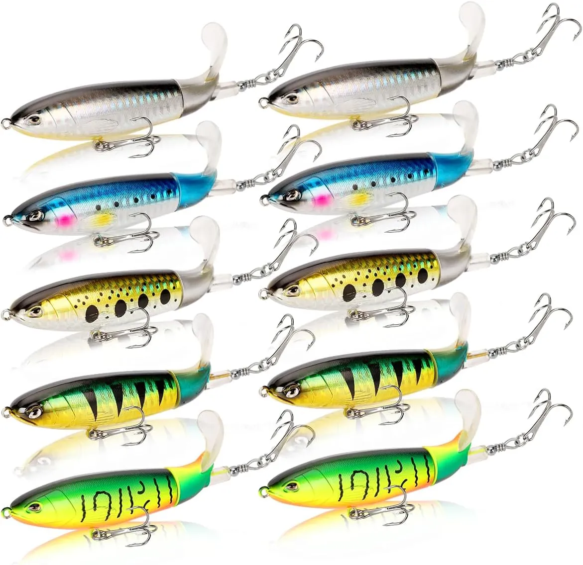 10pcs Topwater Fishing Lures Kit Floating Lures with Rotating Propeller Tail for Splashing Action Bass and Trout Fishing Lures for Freshwater and Saltwater