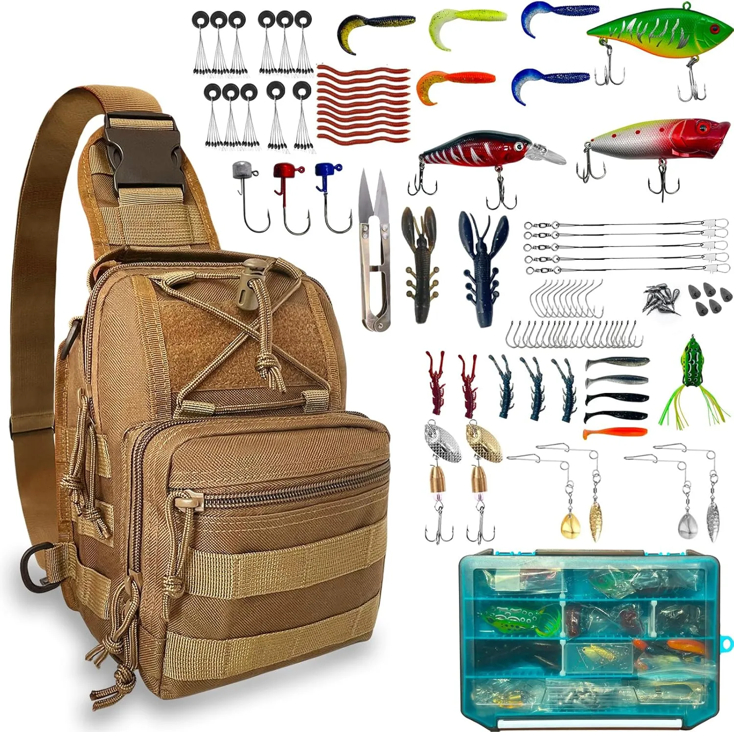 112 Pcs Fishing Backpack with Tackle Boxes Fishing Gear Equipment Kit Backpack Fishing Sling Tackle Bag Included Lures Hooks Sinkers Fishing Tools Accessories Kit for Fishing Lovers