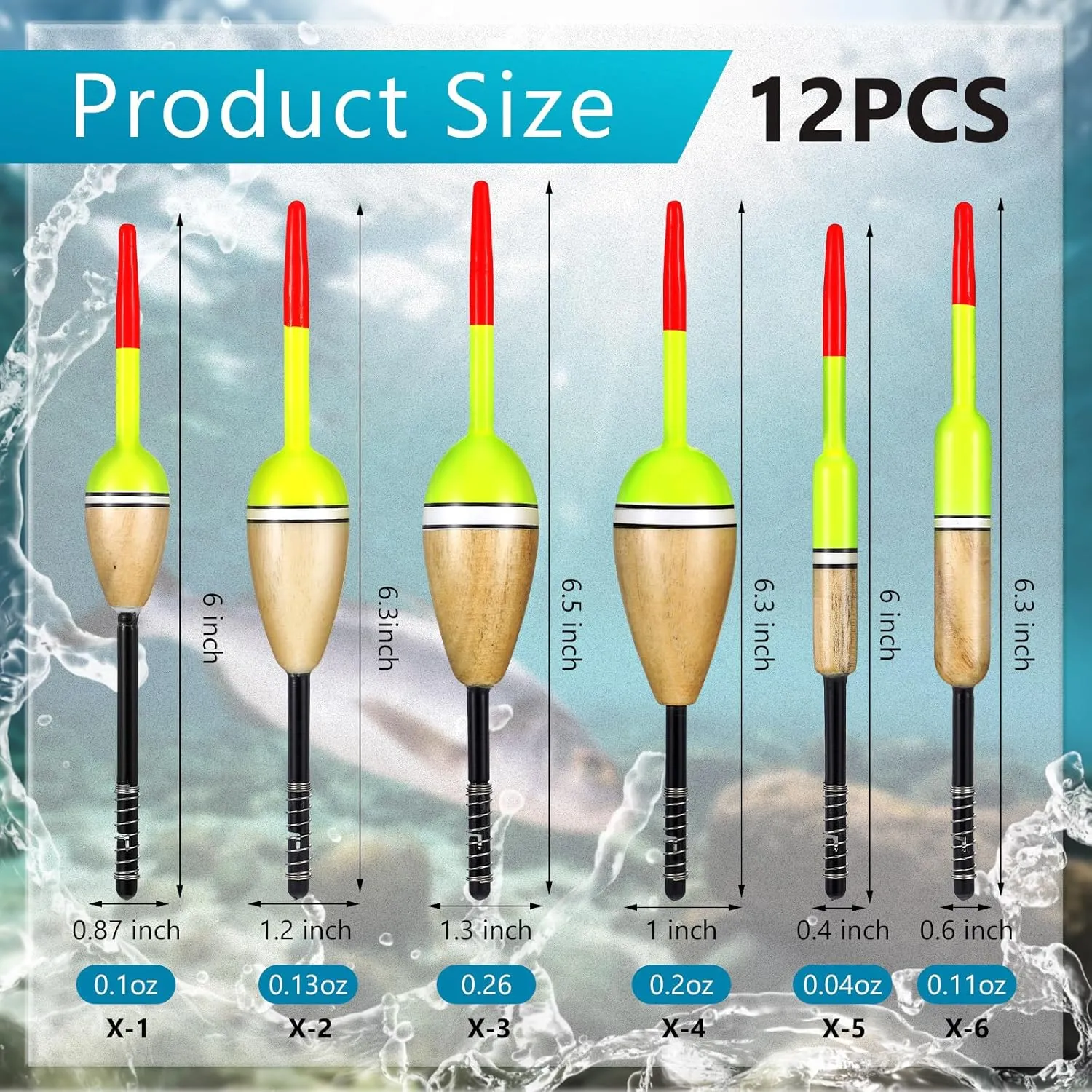 12 Pcs Fishing Float Slip Bobber Wood Fishing Stick Slip Balsa Bobber in 6 Size for Crappie Bluegill Trout Bass Panfish Catfish Walleye Tackle Accessories