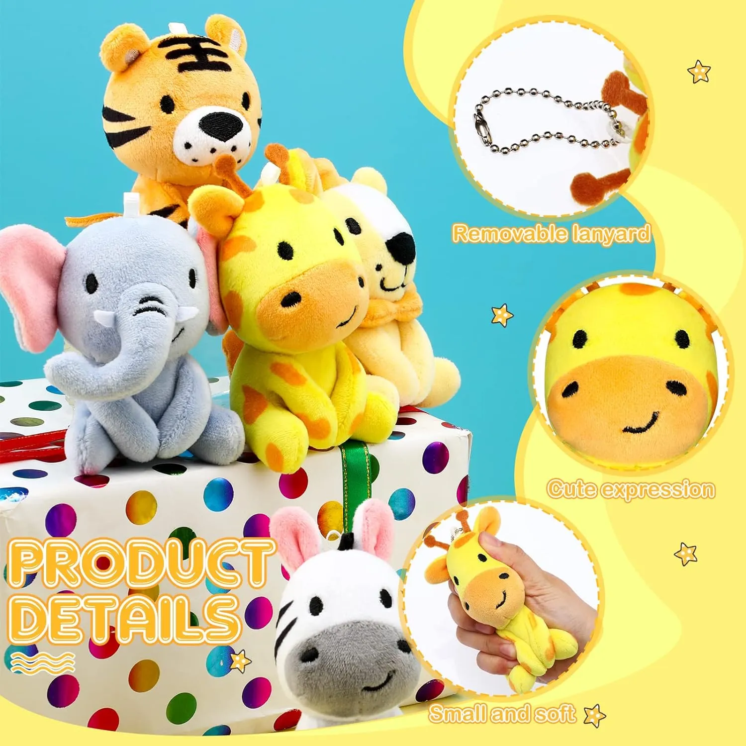 12 Pcs Mini Safari Stuffed Animals Bulk 4" Jungle Plush Stuffed Animals Toys Giraffe Tiger Elephant Zebra Lion Forest Animals Keychains for Baby Shower Birthday Party Centerpiece Classroom
