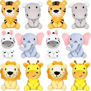 12 Pcs Mini Safari Stuffed Animals Bulk 4" Jungle Plush Stuffed Animals Toys Giraffe Tiger Elephant Zebra Lion Forest Animals Keychains for Baby Shower Birthday Party Centerpiece Classroom