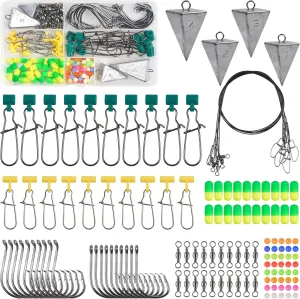 129pcs Surf Fishing Tackle Kit Fish Finder Rig Surf Fishing Rigs Include Pyramid Sinker Weights Sinker Slider Wire Leaders Hooks Swivels Beads Foam Floats Saltwater Fishing Accessories