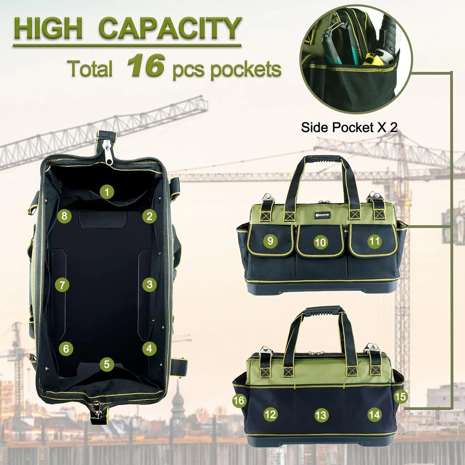 15 Inch Canvas Wide Mouth Tool Bag, Heavy Duty Tool Bag Organizer Bag for Men Women, with Waterproof Strong Molded Base, Suitable for Construction Site Electrician