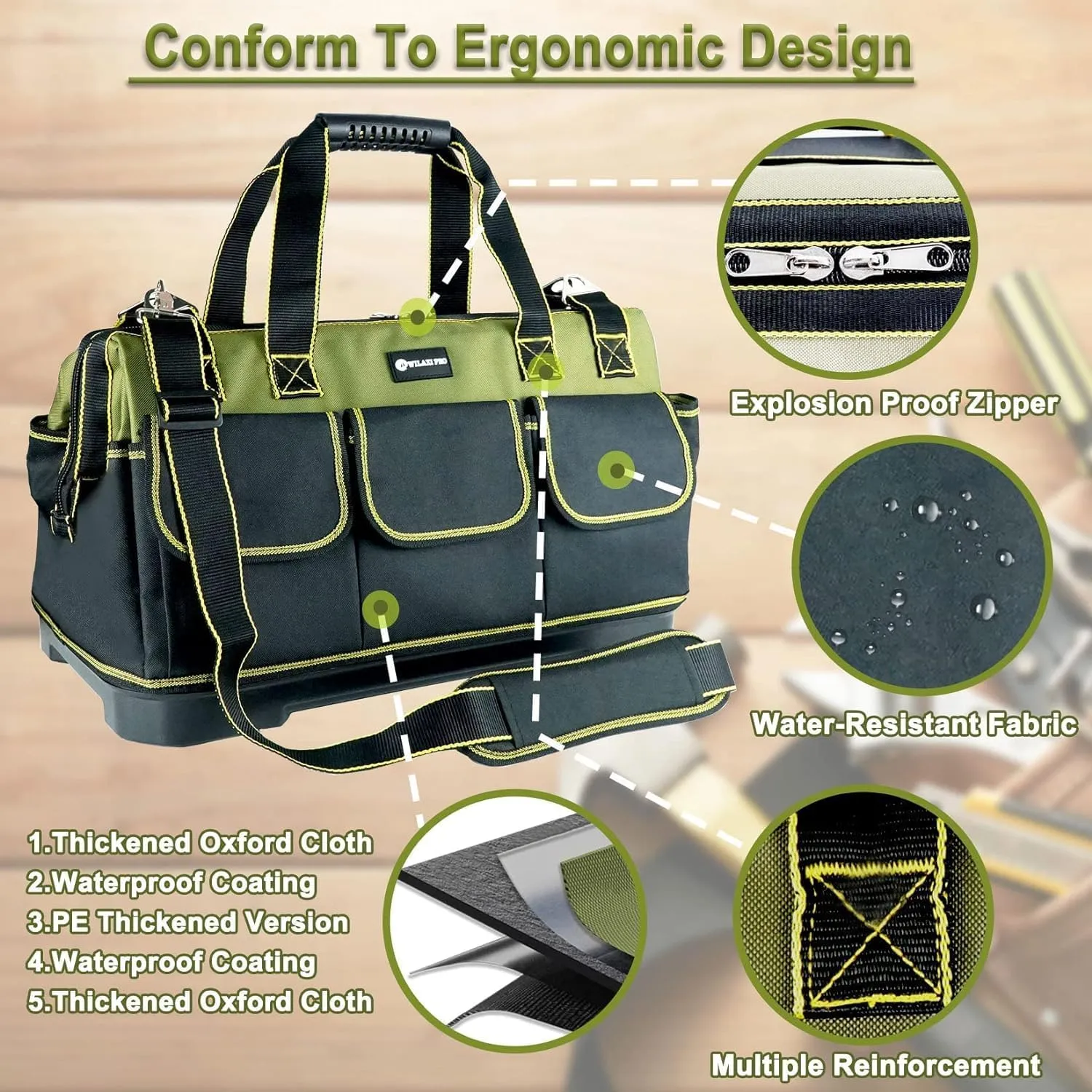 15 Inch Canvas Wide Mouth Tool Bag, Heavy Duty Tool Bag Organizer Bag for Men Women, with Waterproof Strong Molded Base, Suitable for Construction Site Electrician