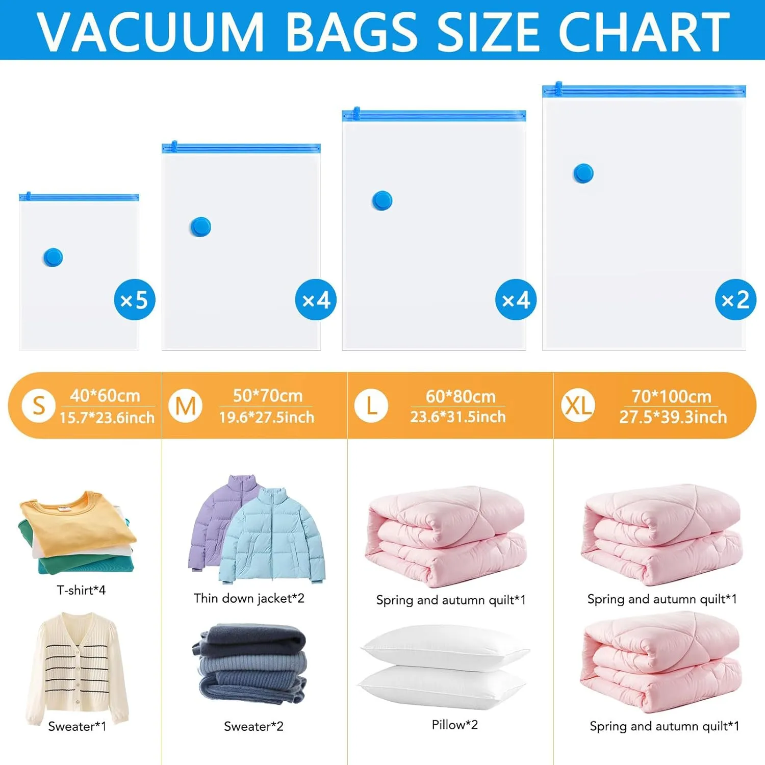15 Pack Vacuum Storage Bags,Vacuum Seal Bags for Clothing with Hand Pump, 2 Jumbo 4 Large 4 Medium 5 Small, 80% Space Saver Bags for Clothes, Pillows, Comforters and Blankets, Home Travel Essentials