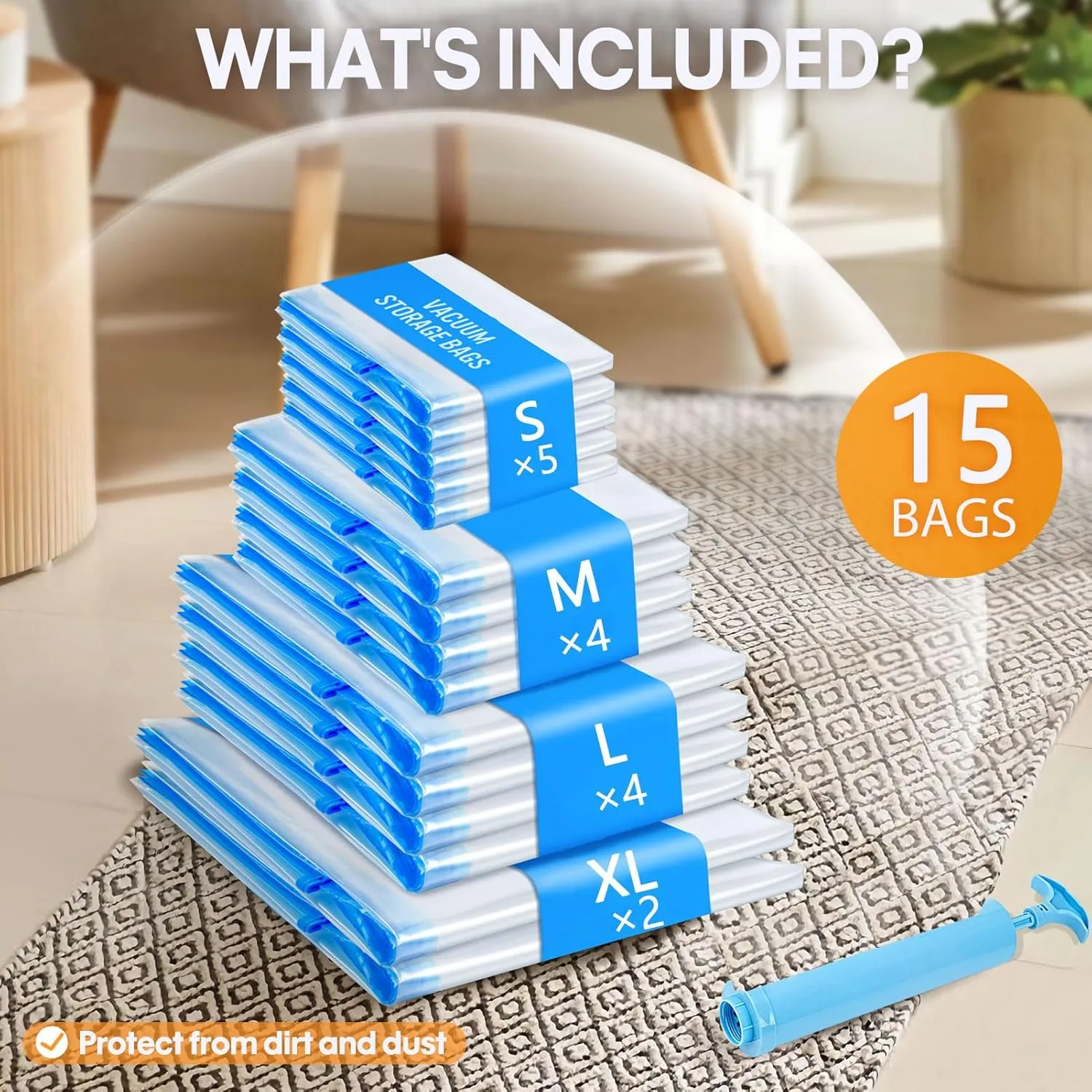 15 Pack Vacuum Storage Bags,Vacuum Seal Bags for Clothing with Hand Pump, 2 Jumbo 4 Large 4 Medium 5 Small, 80% Space Saver Bags for Clothes, Pillows, Comforters and Blankets, Home Travel Essentials