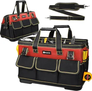 17 in Tool Bag For Men with Waterproof Molded Base, High Capacity Wide Mouth Tote, Construction Worker Electricians Tool Bags, Large Tool Bag Organizer for Men Women (Red)