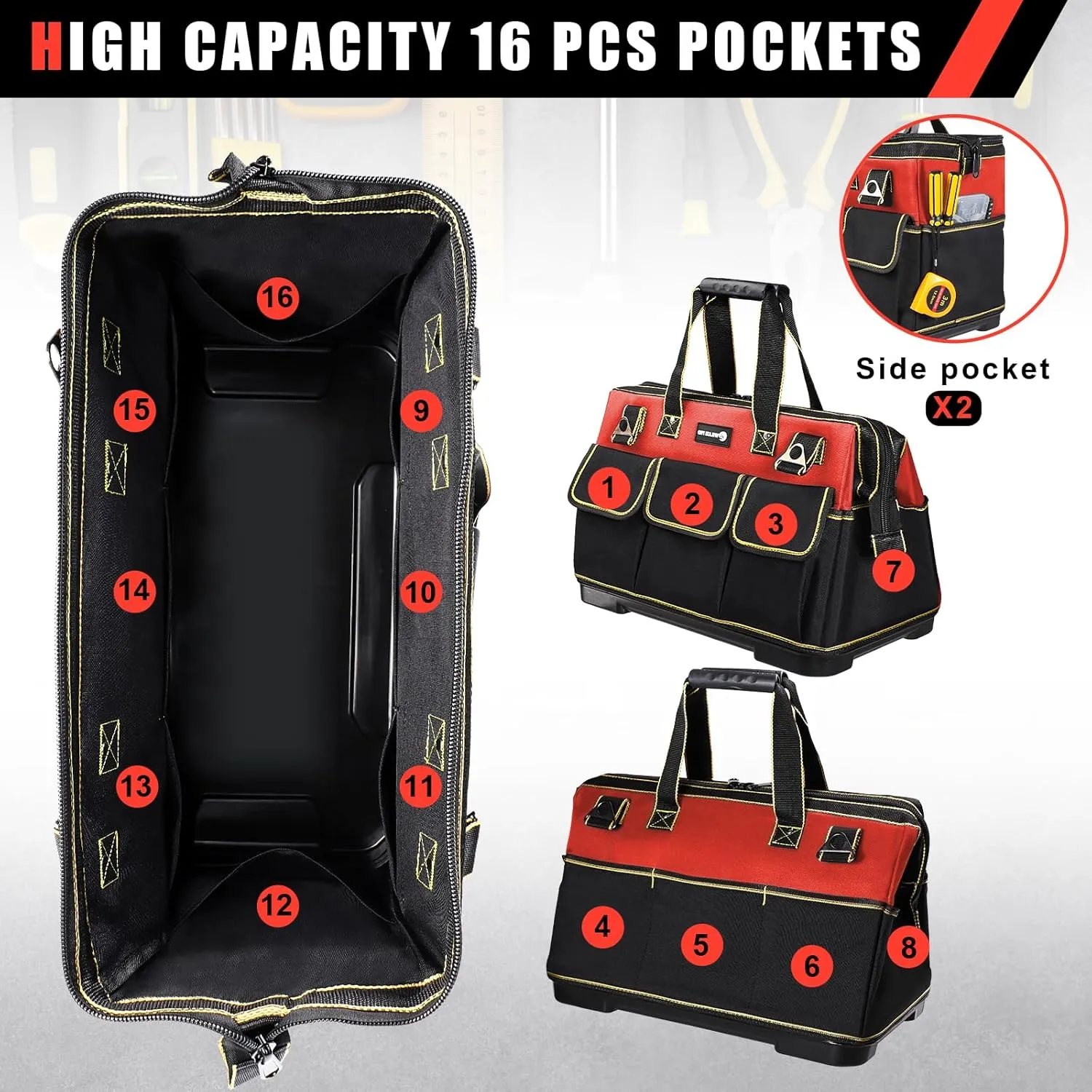17 in Tool Bag For Men with Waterproof Molded Base, High Capacity Wide Mouth Tote, Construction Worker Electricians Tool Bags, Large Tool Bag Organizer for Men Women (Red)