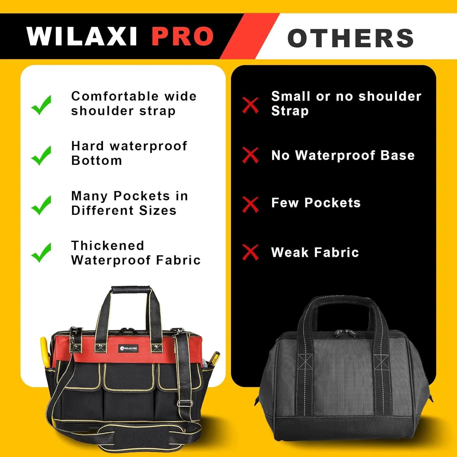 17 in Tool Bag For Men with Waterproof Molded Base, High Capacity Wide Mouth Tote, Construction Worker Electricians Tool Bags, Large Tool Bag Organizer for Men Women (Red)