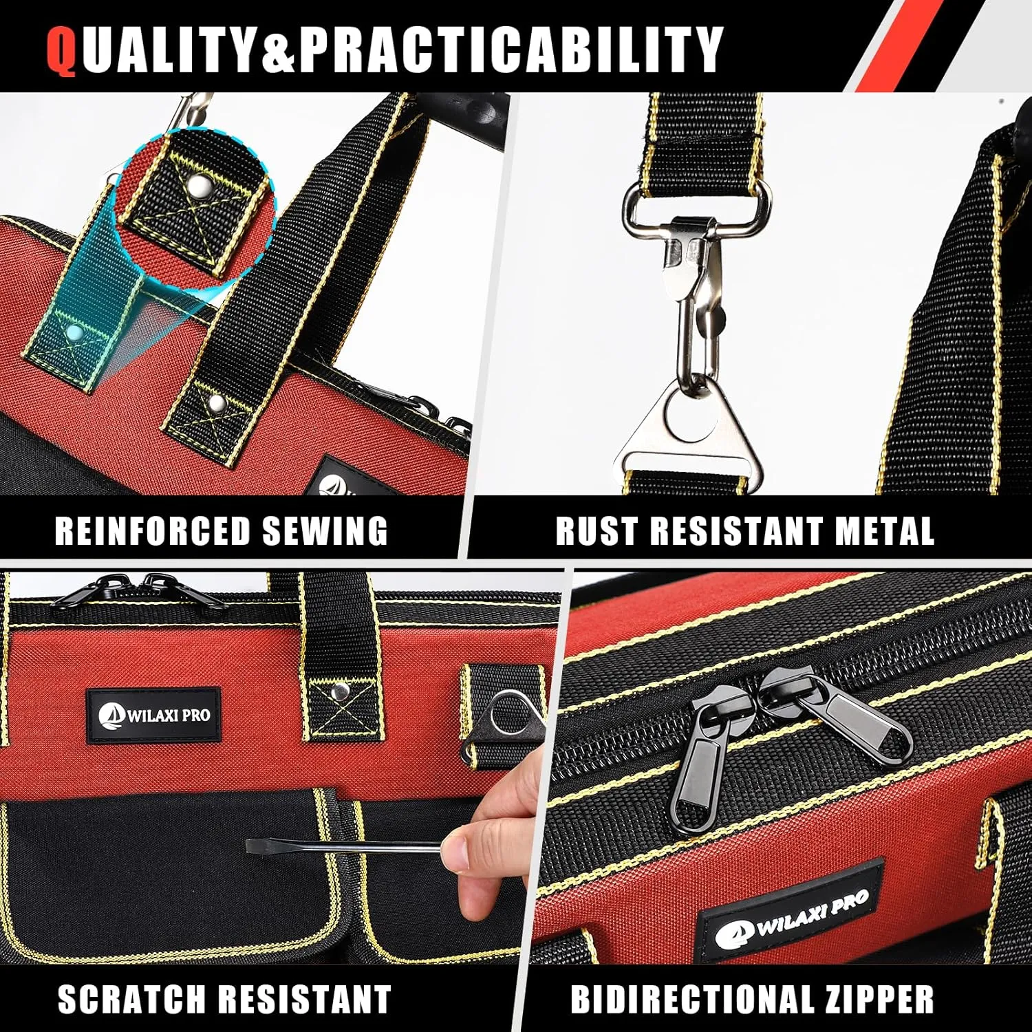 17 in Tool Bag For Men with Waterproof Molded Base, High Capacity Wide Mouth Tote, Construction Worker Electricians Tool Bags, Large Tool Bag Organizer for Men Women (Red)