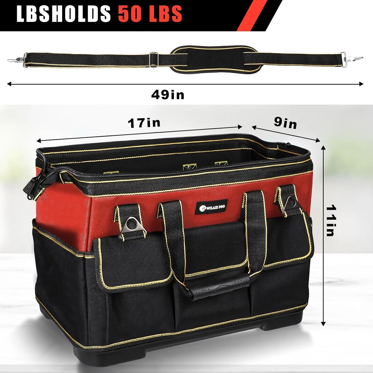 17 in Tool Bag For Men with Waterproof Molded Base, High Capacity Wide Mouth Tote, Construction Worker Electricians Tool Bags, Large Tool Bag Organizer for Men Women (Red)