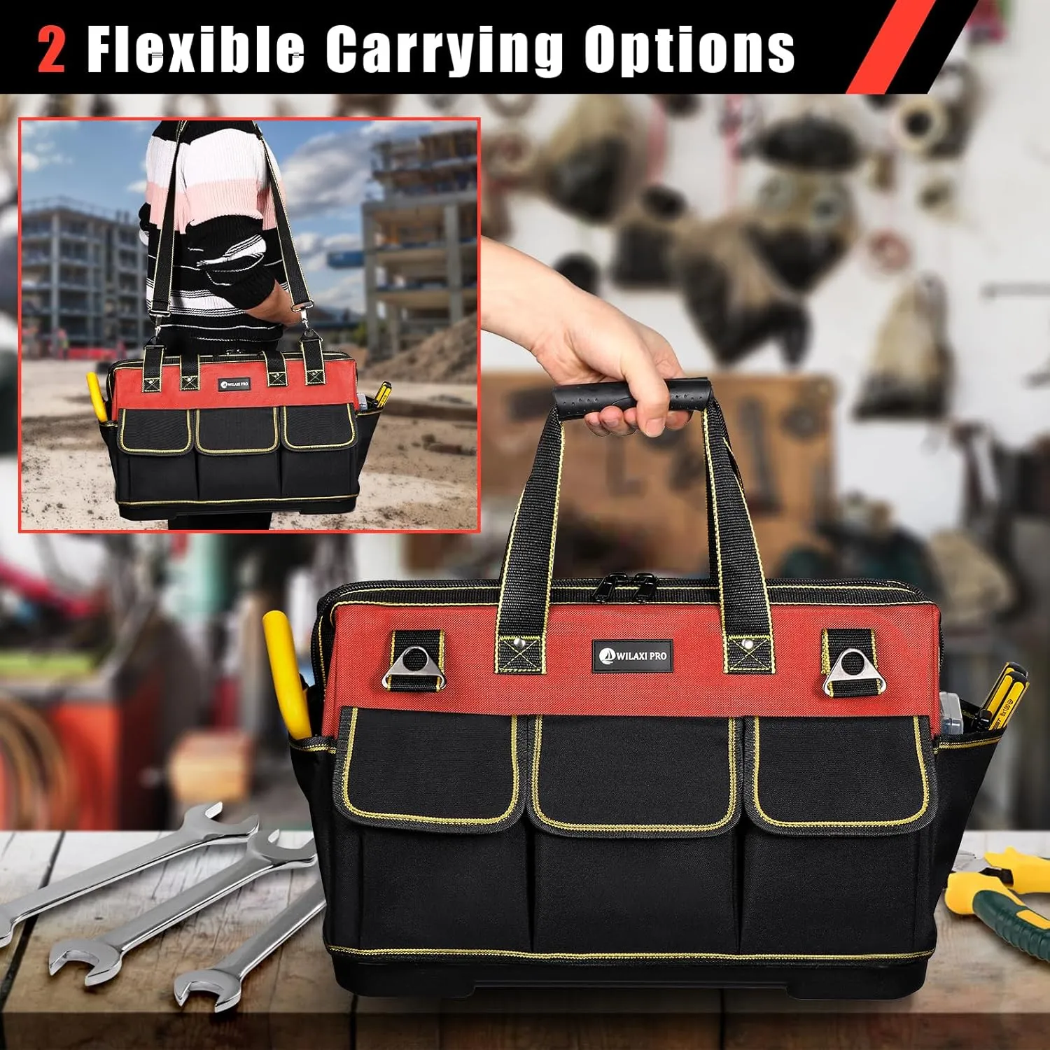 17 in Tool Bag For Men with Waterproof Molded Base, High Capacity Wide Mouth Tote, Construction Worker Electricians Tool Bags, Large Tool Bag Organizer for Men Women (Red)