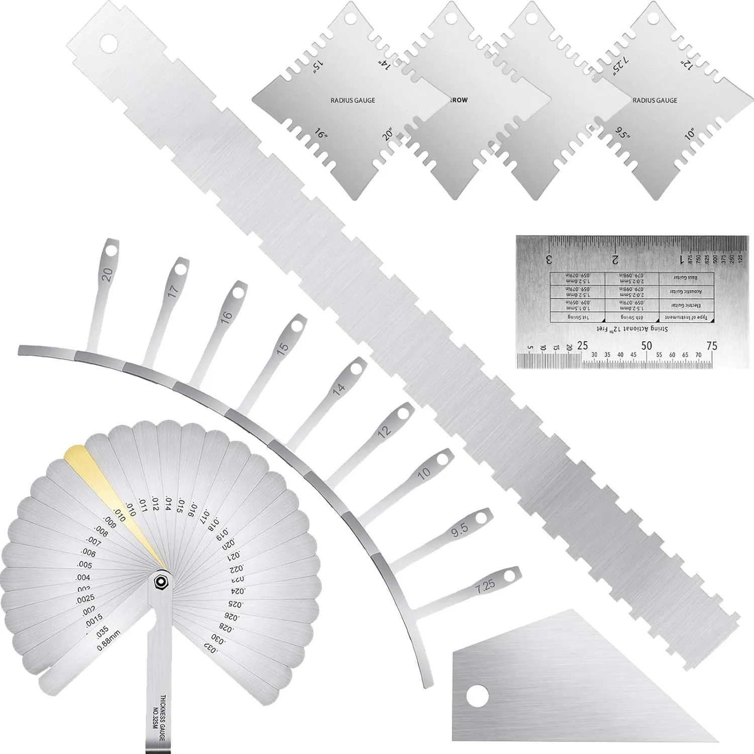 17 Pieces Guitar Luthier Tools Set Guitar Radius Gauge String Action Ruler Feeler Notched Radius Gauges Neck Notched Straight Edge Fret Rocker for Electric Guitar Setup