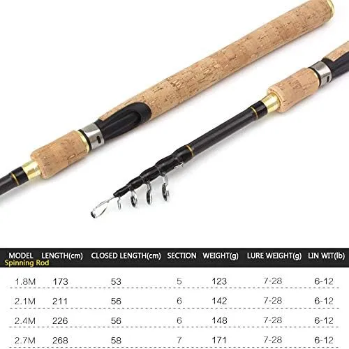1.8m-2.7m Spinning Rods Wooden Handle Carbon Fishing Rod Bass Fishing Tackle Lure Rods Telescopic Fishing Pole