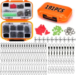 191pcs Fishing Swivels Snaps Kit, Waterproof Fishing Tackle Box with Tackle 3 Way Swivels Split Rings Fishing Beads for Bass Trout Freshwater Saltwater