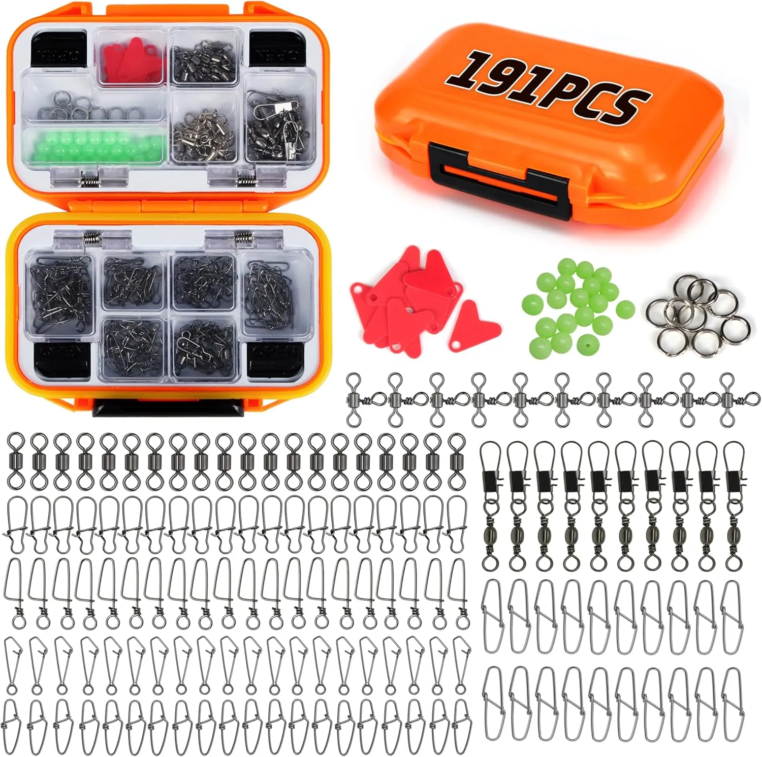 191pcs Fishing Swivels Snaps Kit, Waterproof Fishing Tackle Box with Tackle 3 Way Swivels Split Rings Fishing Beads for Bass Trout Freshwater Saltwater