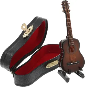 1set Miniature Wooden Guitar Model Retro Dollhouse Decor for Home Lightweight Portable Mini Guitar Props Stand for Music Lovers Collectors