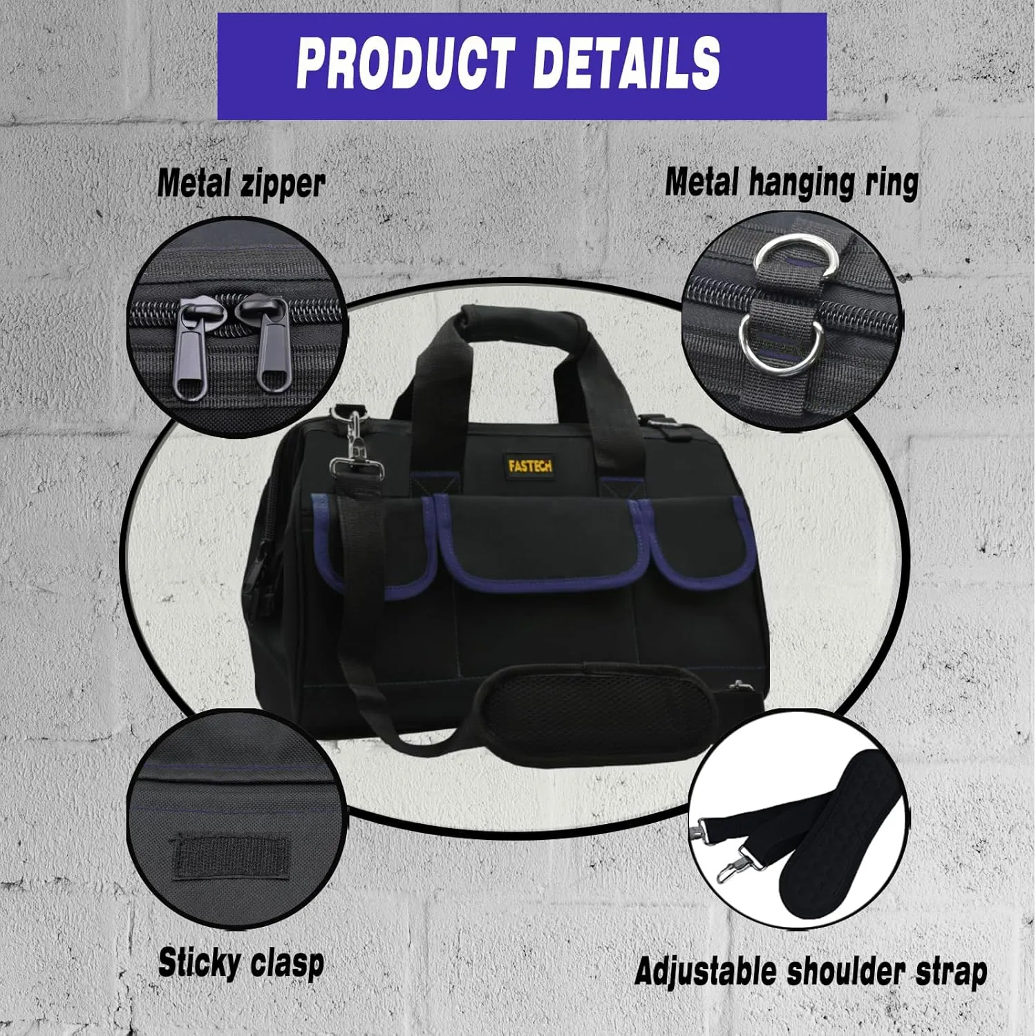 20 Inch Tool Bag, Waterproof Wide Mouth Tool Kit, Heavy Duty Tool Bag Organizer With Shoulder Straps, Tool Storage Package For Men/Women (20IN DarkBlue)