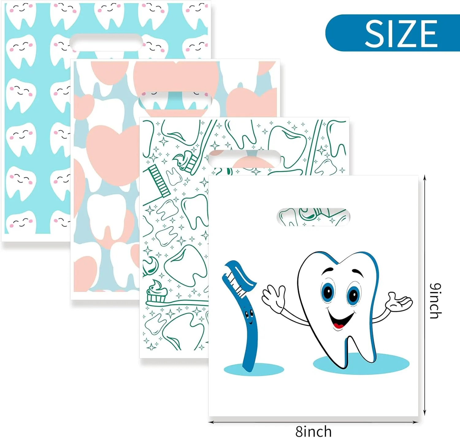 200 Pcs Dental Bags, 9 x 8 Inches Tooth Patient Care Goodie Bags for Clinics, Schools & Patient Use (Style 2)