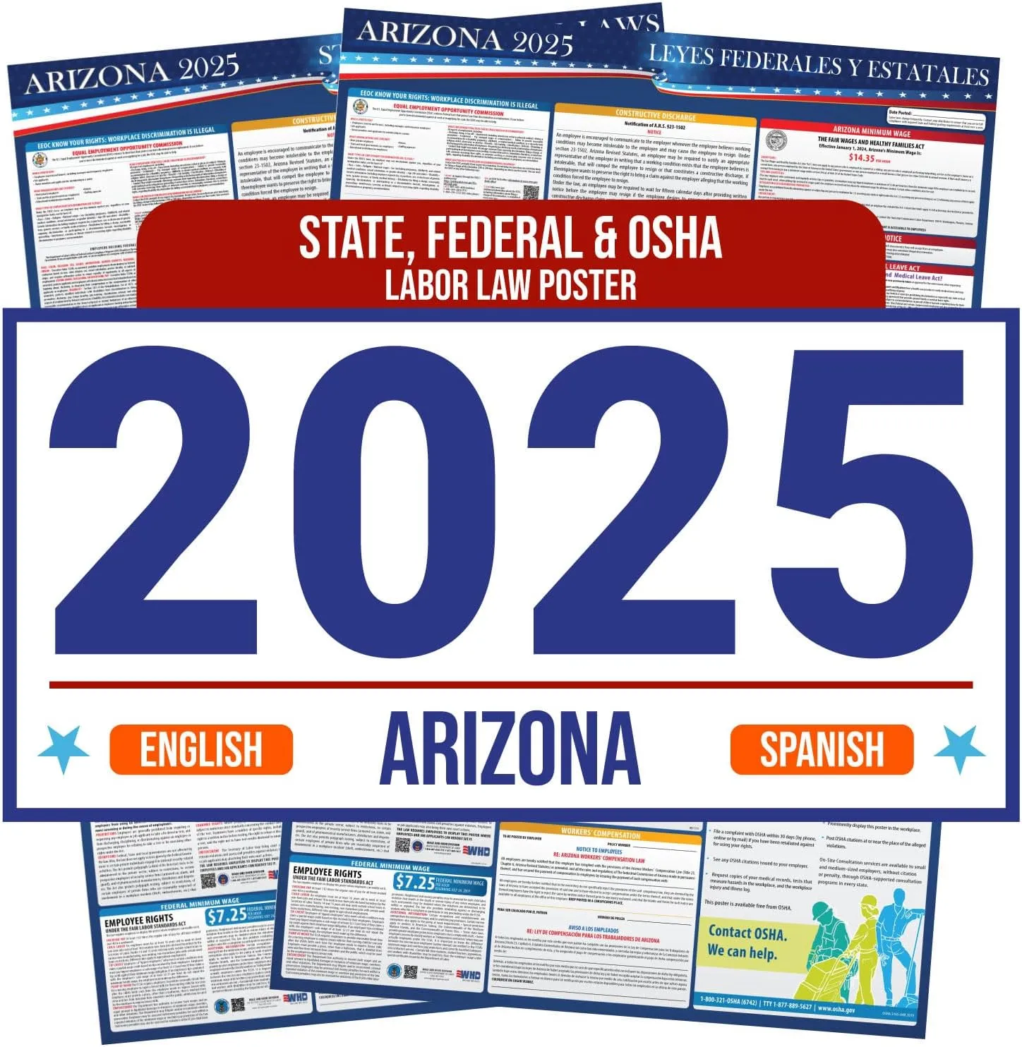 2025 Arizona State and Federal Labor Law Poster - English Spanish Combo - OSHA Workplace Compliant - Mandatory Regulations Posting for Employees - All in One Required Compliance Posting 16" x 40" - Laminated (English Spanish Combo)