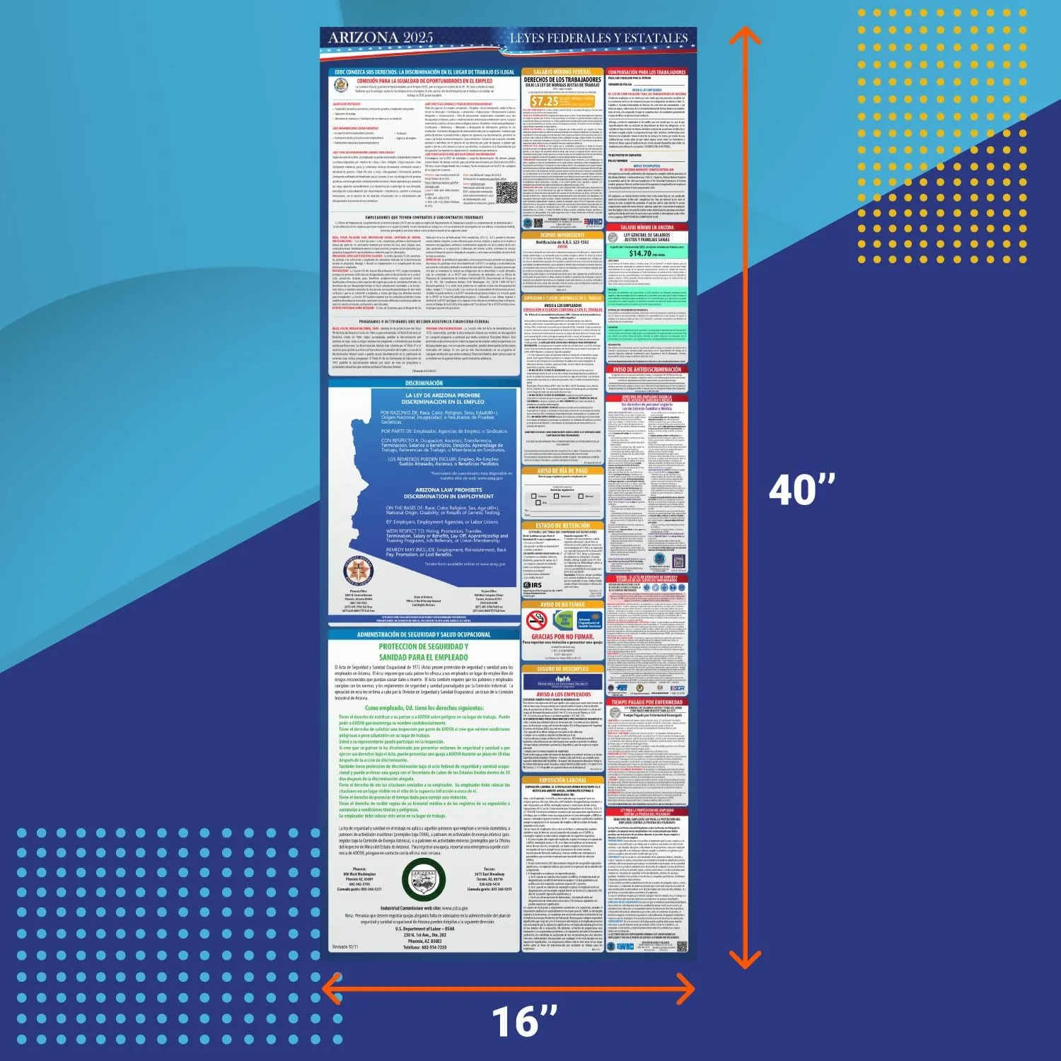 2025 Arizona State and Federal Labor Law Poster - English Spanish Combo - OSHA Workplace Compliant - Mandatory Regulations Posting for Employees - All in One Required Compliance Posting 16" x 40" - Laminated (English Spanish Combo)