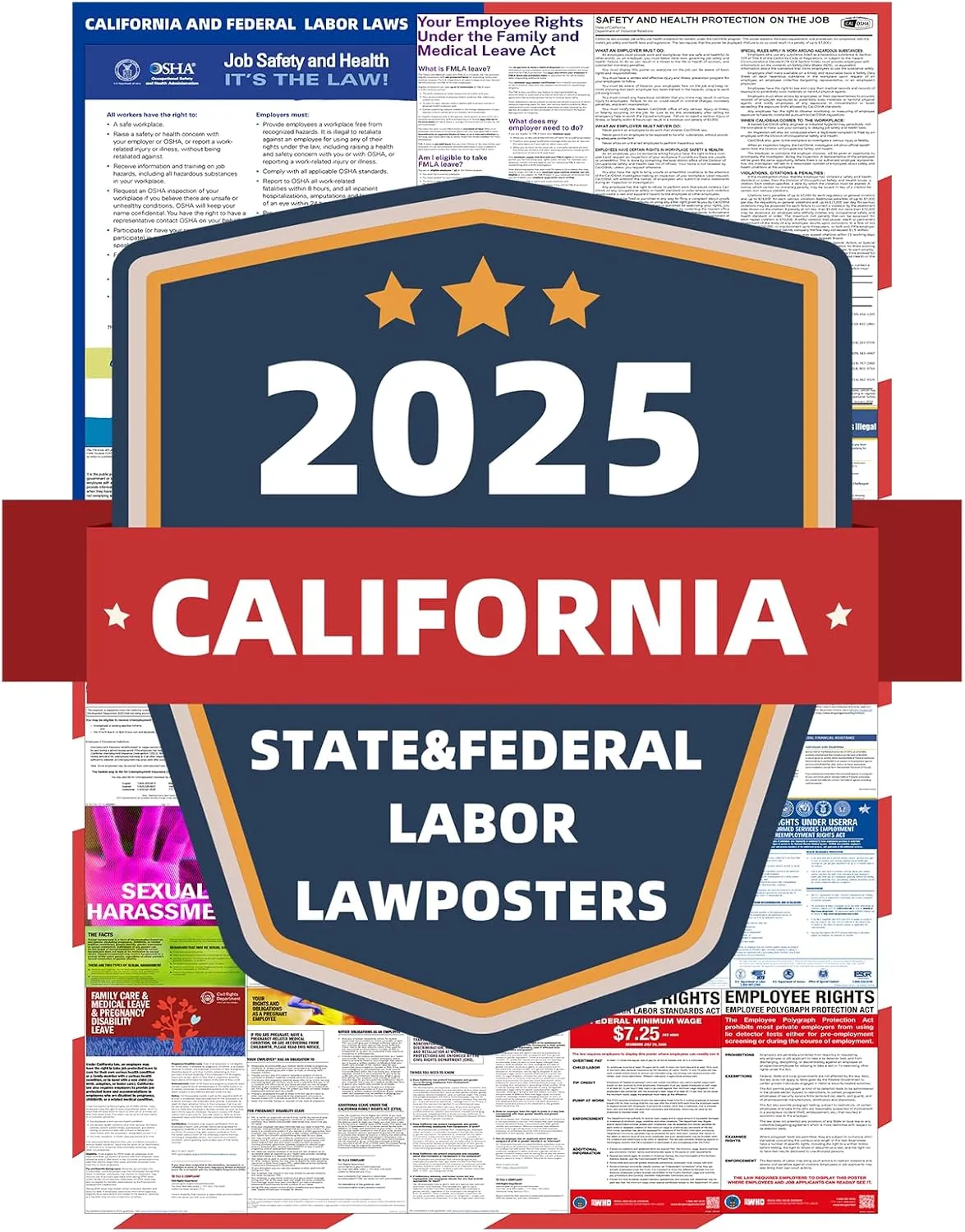 2025 California State and Federal Labor Laws Poster - English Version - OSHA Workplace Compliant - UV Waterproof Laminated 24" x 36" - Mandatory Regulations Posting for Employees