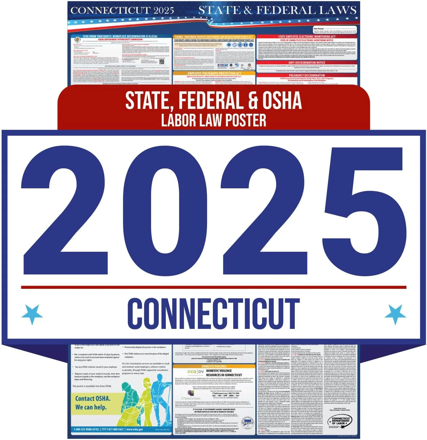 2025 Connecticut State and Federal Labor Law Poster - OSHA Workplace Compliant - Mandatory Regulations Posting for Employees - All-In-One Required Compliance Posting 16" x 40" Laminated (English)