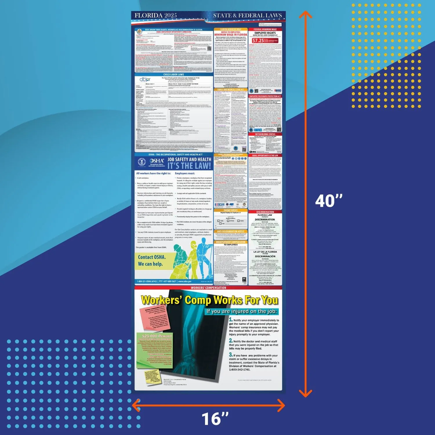 2025 Florida State and Federal Labor Law Poster - OSHA Workplace Compliant - Mandatory Regulations Posting for Employees - All in One Required Compliance Posting 16" x 40" Laminated (English)