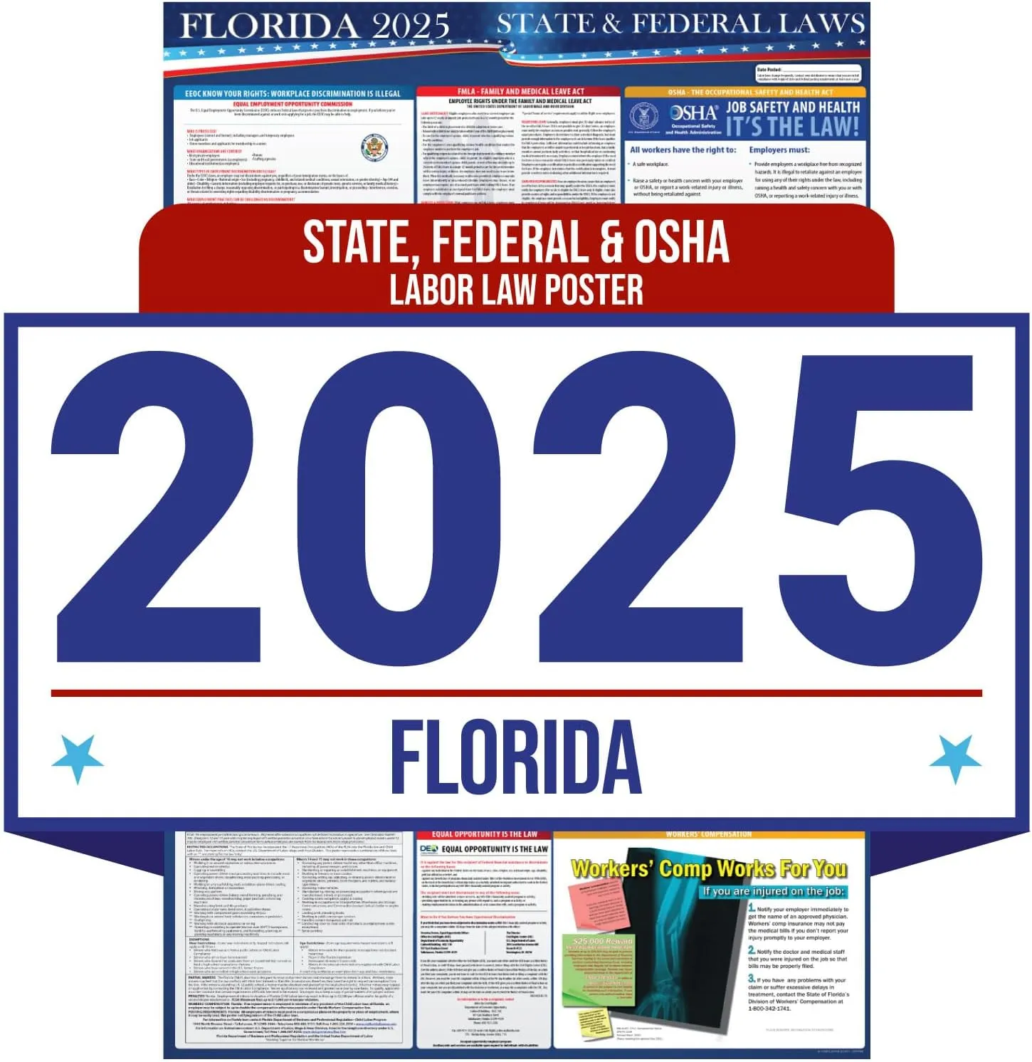 2025 Florida State and Federal Labor Law Poster - OSHA Workplace Compliant - Mandatory Regulations Posting for Employees - All in One Required Compliance Posting 16" x 40" Laminated (English)