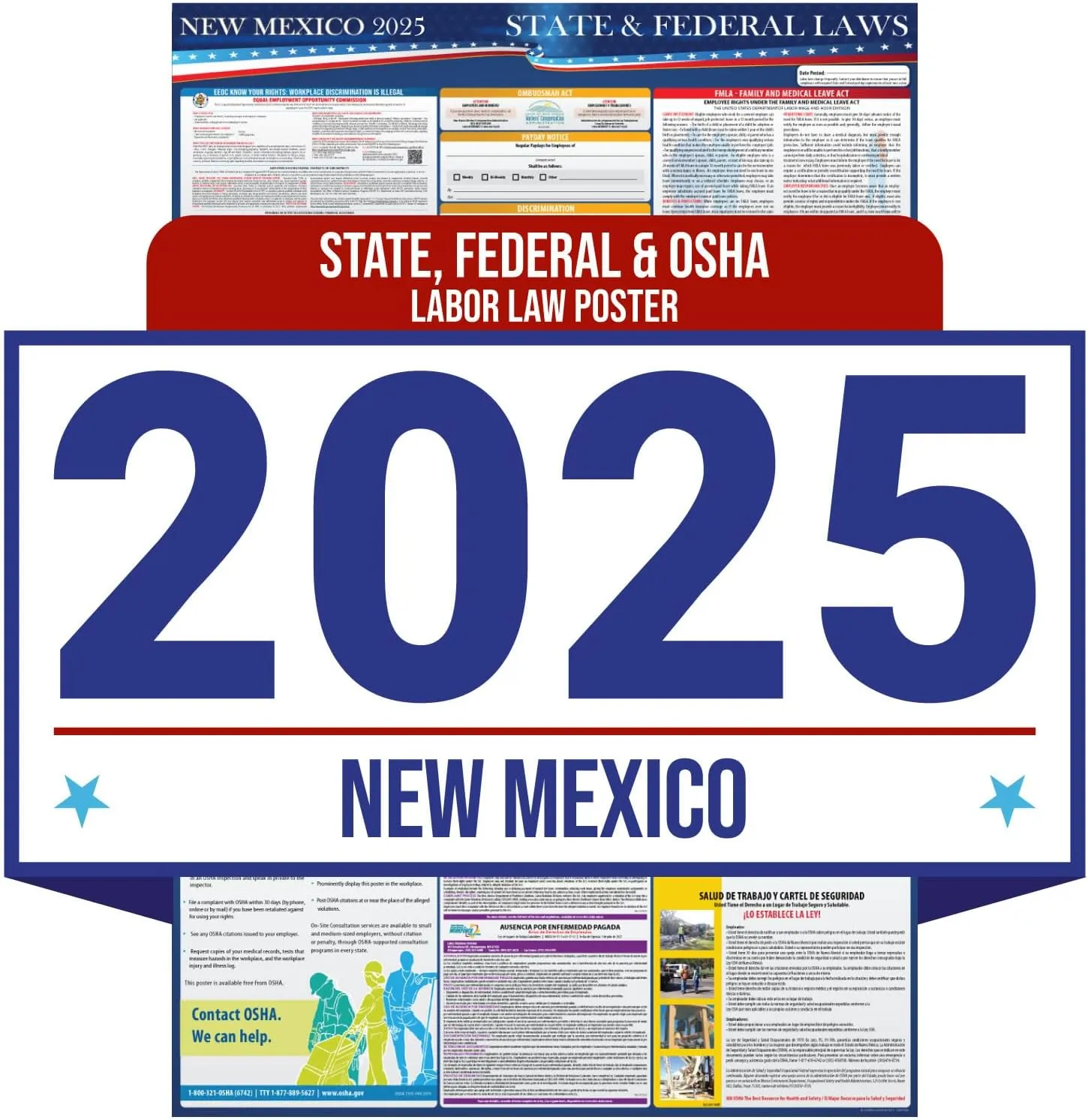 2025 New Mexico State and Federal Labor Law Poster - OSHA Workplace Compliant - Mandatory Regulations Posting for Employees - All in One Required Compliance Posting 16" x 40" - Laminated