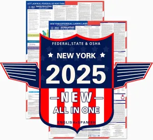2025 New York State and Federal Labor Laws Poster – OSHA Compliant Laminated 24" x 36" English and Spanish Bundle 2 Pack Folded