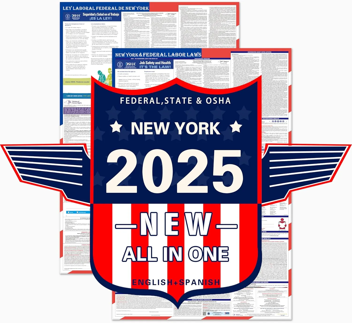 2025 New York State and Federal Labor Laws Poster – OSHA Compliant Laminated 24" x 36" English and Spanish Bundle 2 Pack Folded