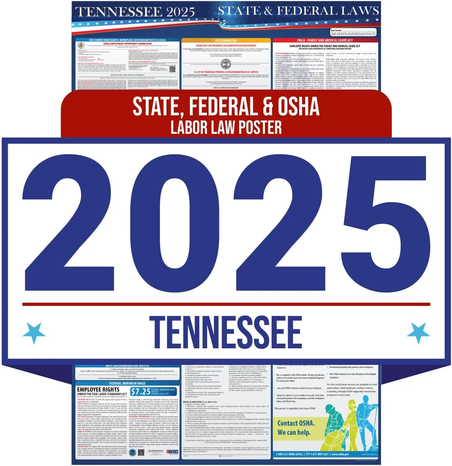 2025 Tennessee State and Federal Labor Law Poster - OSHA Workplace Compliant - Mandatory Regulations Posting for Employees - All in One Required Compliance Posting 16" x 40" - Laminated