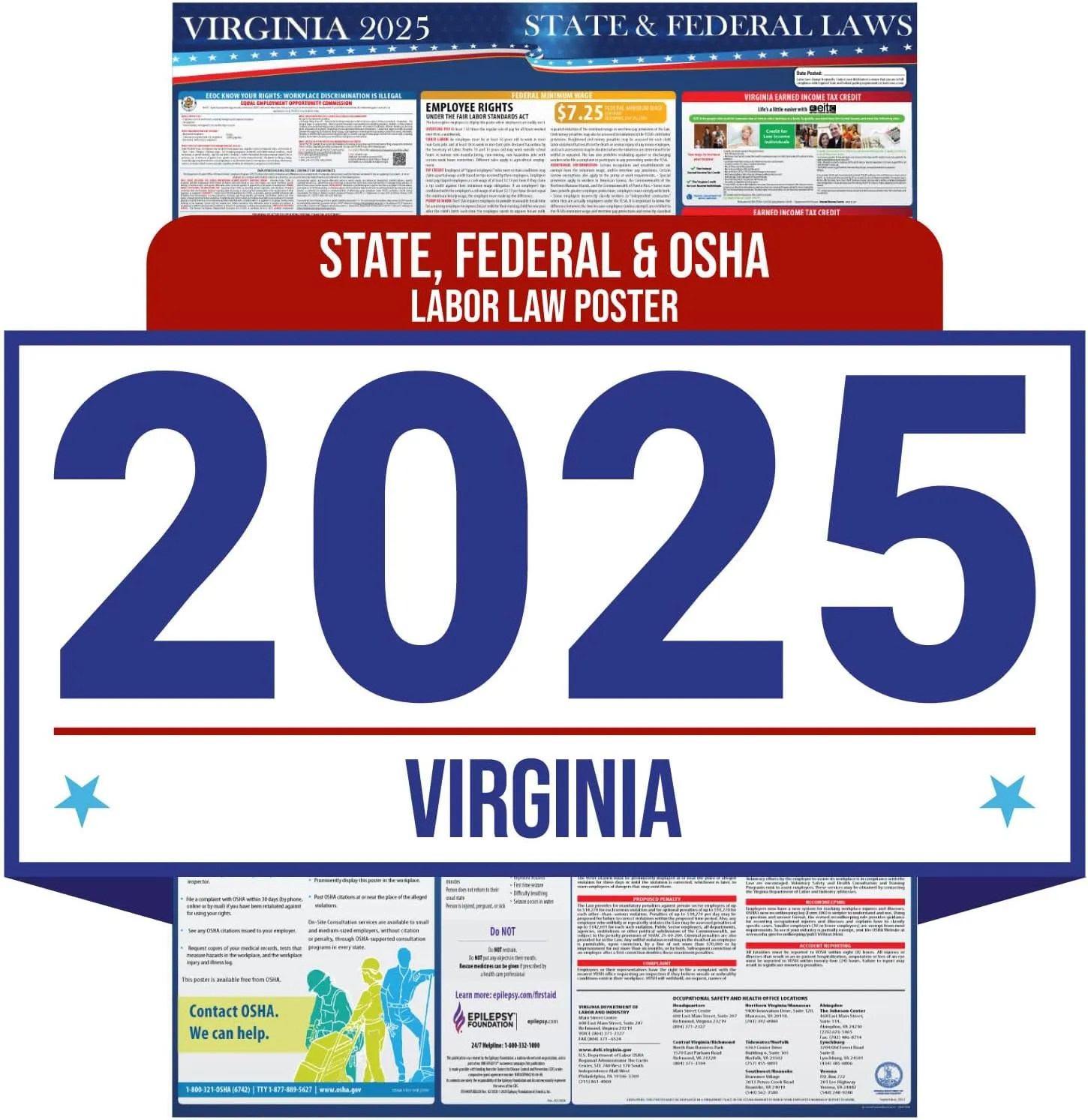 2025 Virginia State and Federal Labor Law Poster - OSHA Workplace Compliant - Mandatory Regulations Posting for Employees - All-in-One Required Compliance Posting 16" x 40" - Laminated