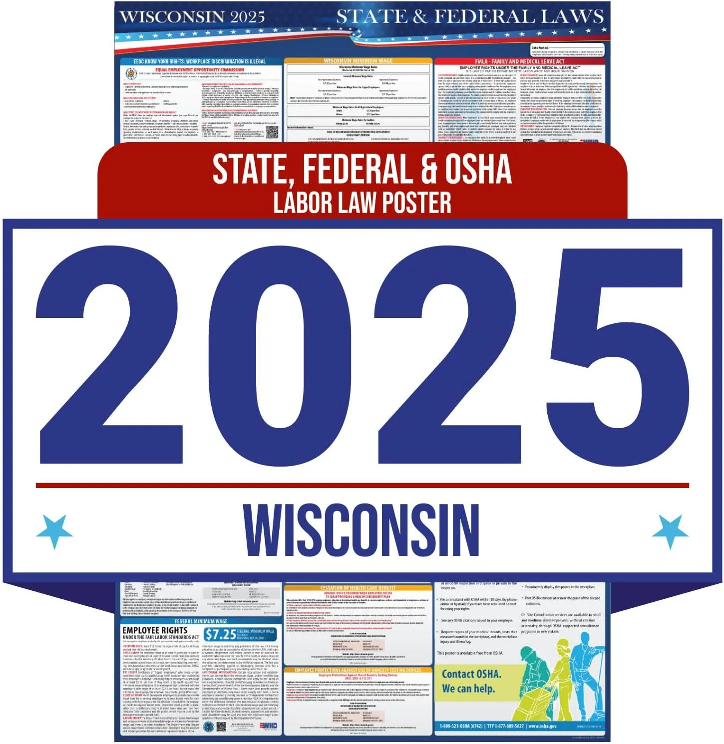 2025 Wisconsin State and Federal Labor Law Poster - OSHA Workplace Compliant - Mandatory Regulations Posting for Employees - All in One Required Compliance Posting 16" x 40" - Laminated (English)