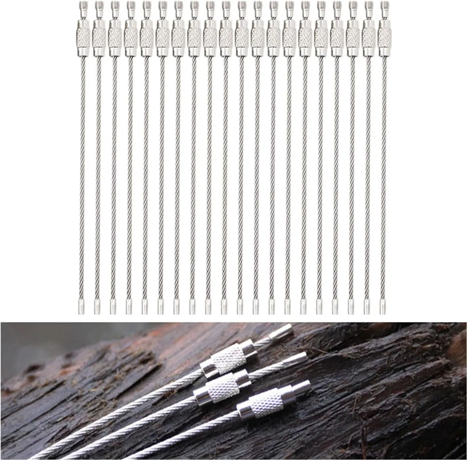 20PCS Outdoor Hiking Screw Lock Stainless Steel Key Ring Chain Wire Rope Cable