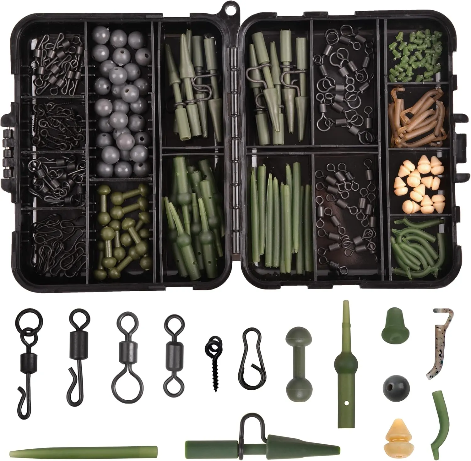 230pcs Carp Fishing Tackle Box Kit Carp Fishing Rigs Making Accessories Carp Swivel Snaps Helicopter Rigs Safety Lead Clips Rubber Sleeves Carp Fishing Terminal Tackle