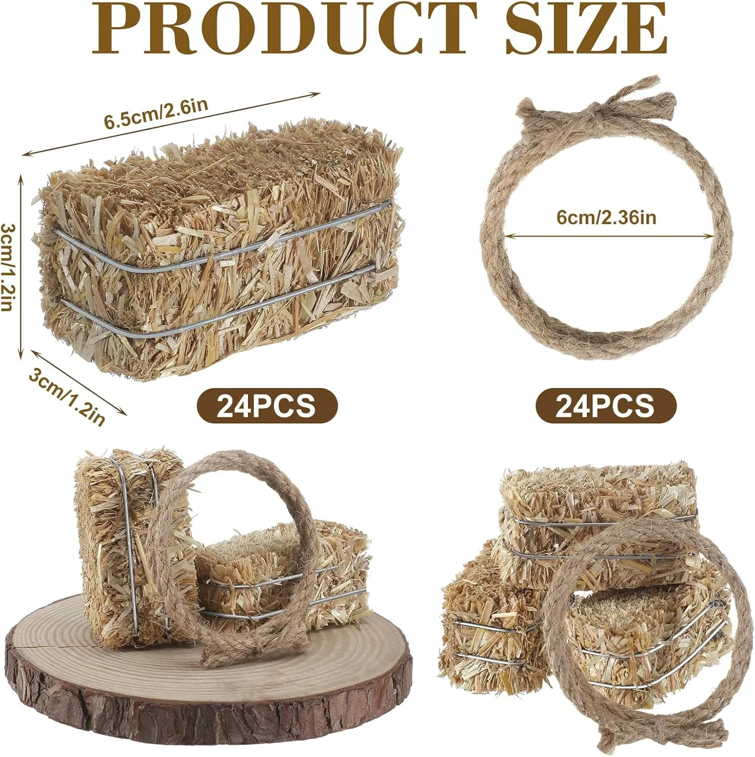 24 Pcs Western Themed Party Decorations 12 Mini Decorative Hay Bales with 12 Twisted Hemp Rope for Cowboy Table Centerpieces Horse Rodeo Fall Harvest Craft, 1.2 x 2.6 x 1.2 Inch Each
