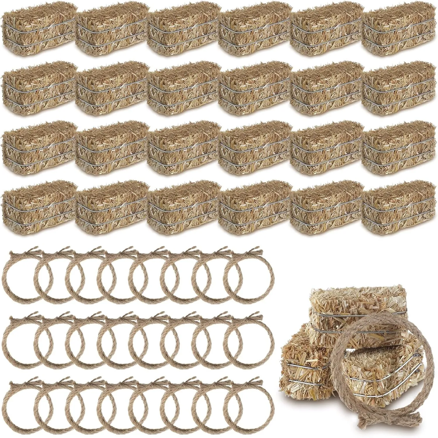 24 Pcs Western Themed Party Decorations 12 Mini Decorative Hay Bales with 12 Twisted Hemp Rope for Cowboy Table Centerpieces Horse Rodeo Fall Harvest Craft, 1.2 x 2.6 x 1.2 Inch Each
