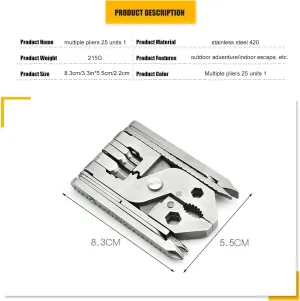 25 In 1 Pocket Size Multitool Pliers,Folding Nut Driver Set,Hexagonal Wrench Tool with Screwdrivers,Pliers/Wire Cutter/Stripper,Solid Stainless Steel Construction Polished Finish