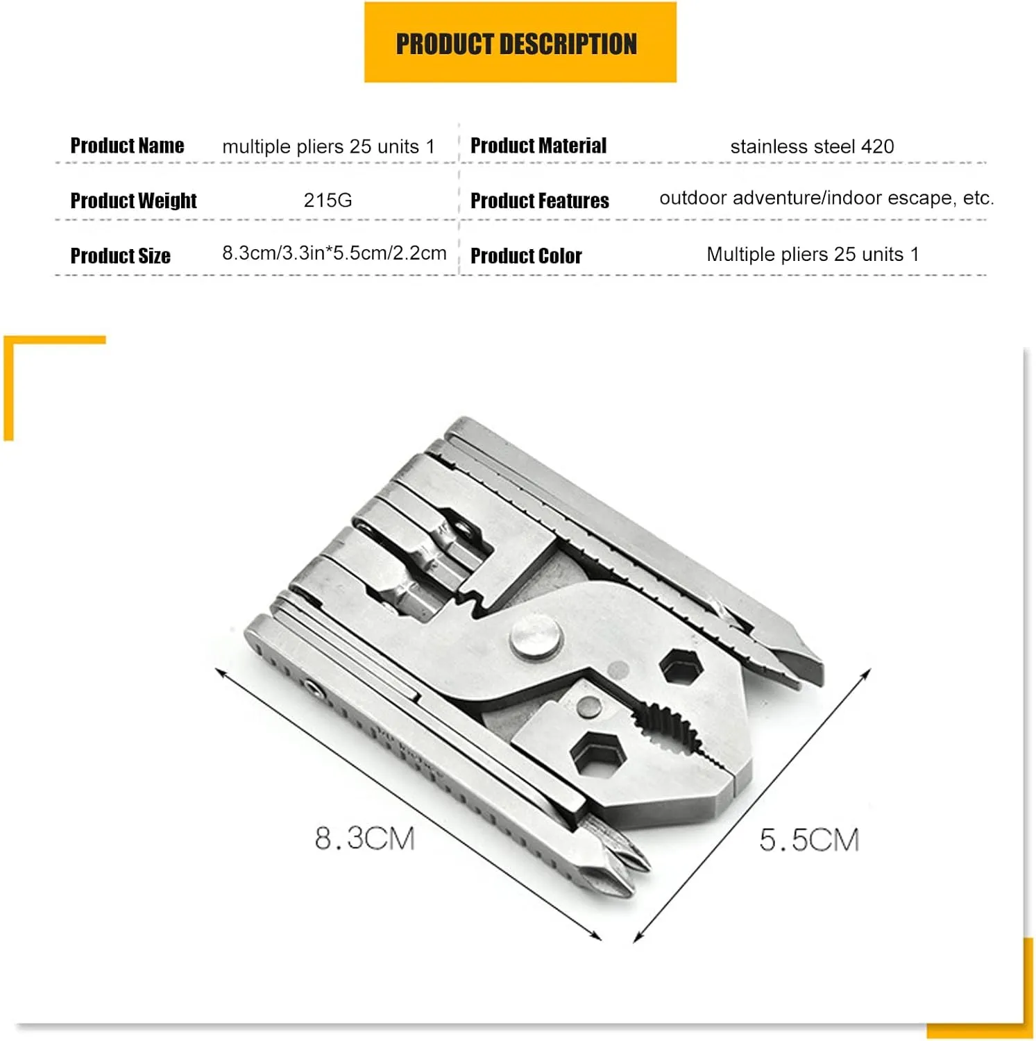 25 In 1 Pocket Size Multitool Pliers,Folding Nut Driver Set,Hexagonal Wrench Tool with Screwdrivers,Pliers/Wire Cutter/Stripper,Solid Stainless Steel Construction Polished Finish