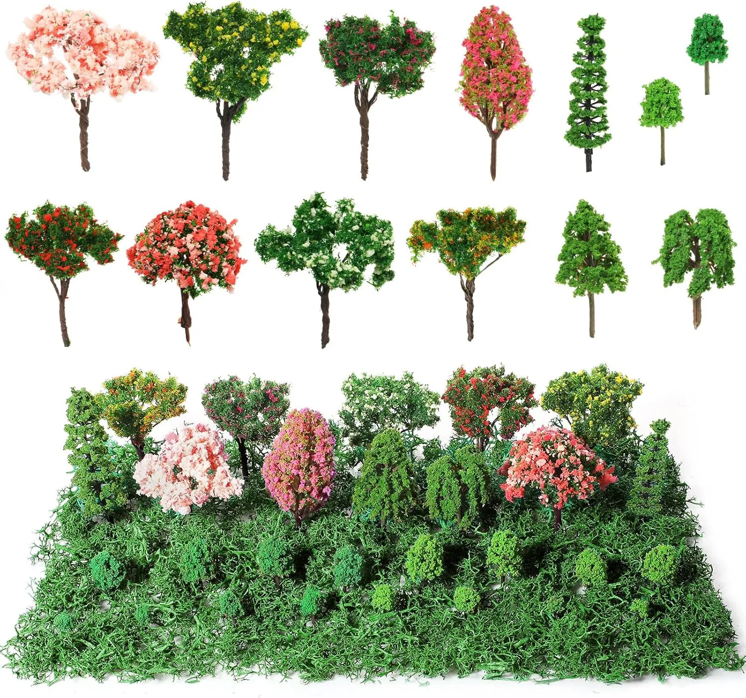 28 Pcs Tiny Model Trees with 40g Faux Green Moss, 0.79-3.15'' Diorama Trees Grass Mini Fake Miniature Trees Diorama Materials Kit for Diorama Box Craft Model Train Fairy Village