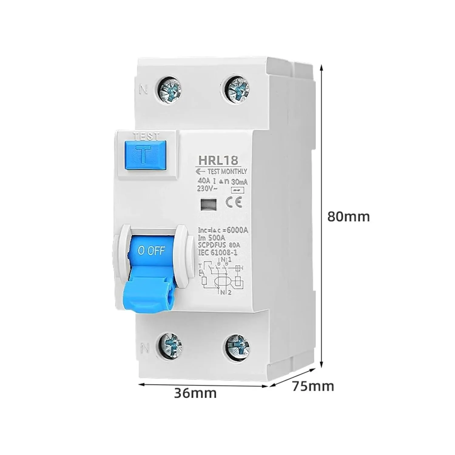 2P Electromagnetic Residual Current Circuit Breaker 10/30/100/300mA Type AC RCCB RCD ELCB Differential Breaker Safety Switch for(300mA,6A)