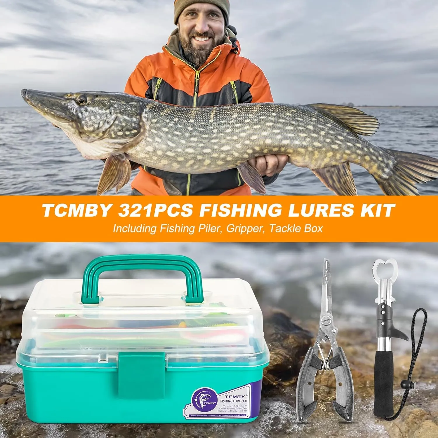 3 Layers Tackle Box with Tackle Included, 321Pcs Fishing Lures Kit Contains Pliers, Crankbait, Hooks, Weights & Accessories, Fishing Gear Bait Lure Gifts for Men Bass Freshwater (Green)