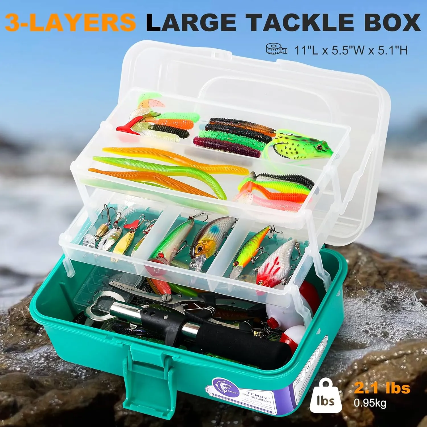 3 Layers Tackle Box with Tackle Included, 321Pcs Fishing Lures Kit Contains Pliers, Crankbait, Hooks, Weights & Accessories, Fishing Gear Bait Lure Gifts for Men Bass Freshwater (Green)