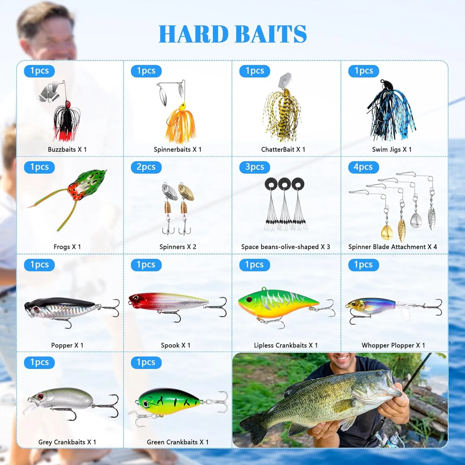 322-Piece Fishing Lures Kit - Buzz Bait/Spinner Baits/Jig/Frog, Fishing Tackle Box with Tackle Included, Soft Bait/Hooks/Weights, 2024 Fishing Gear Lure Kit Gift for Men Freshwater Bass Trout