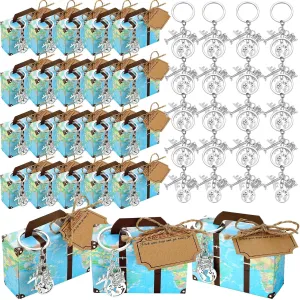 36 Set World Map Mini Suitcase Favor Boxes Party Favor Candy Box with Earth Airplane Keychains and Travel Ticket for DIY Surprise Wedding Bridal Shower Decorations and Family Trips Away