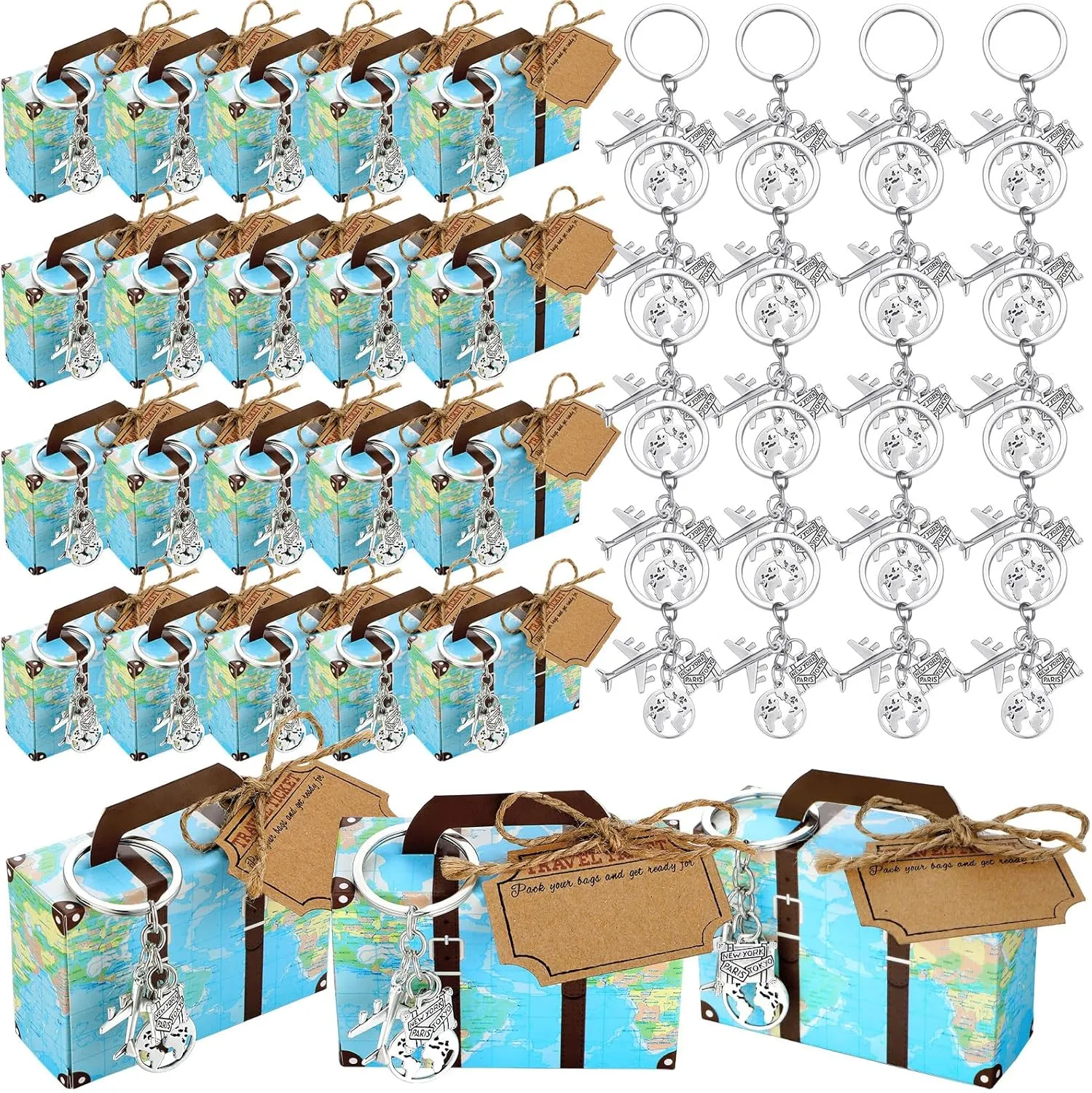 36 Set World Map Mini Suitcase Favor Boxes Party Favor Candy Box with Earth Airplane Keychains and Travel Ticket for DIY Surprise Wedding Bridal Shower Decorations and Family Trips Away